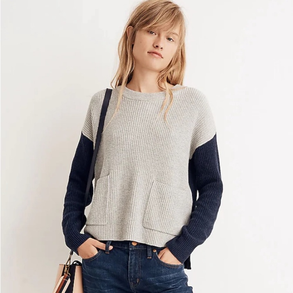 Madewell Patch Pocket Pullover Sweater in Colorblock Size Medium